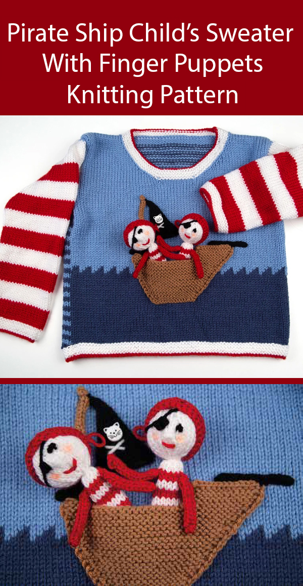 Pirate Boat Sweater and Finger Puppets Knitting Pattern by Jane Burns for Ages 2-11